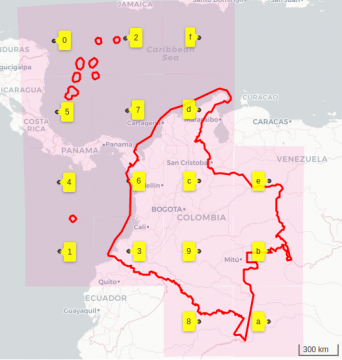 Colômbia: projeção oficial IGAC/2020, cilíndrica Mercator.